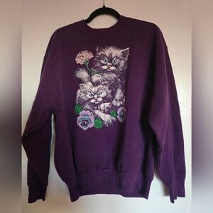 Vintage Fruits Of The Loom Purple Crewneck With Cats And Flowers Screenprint